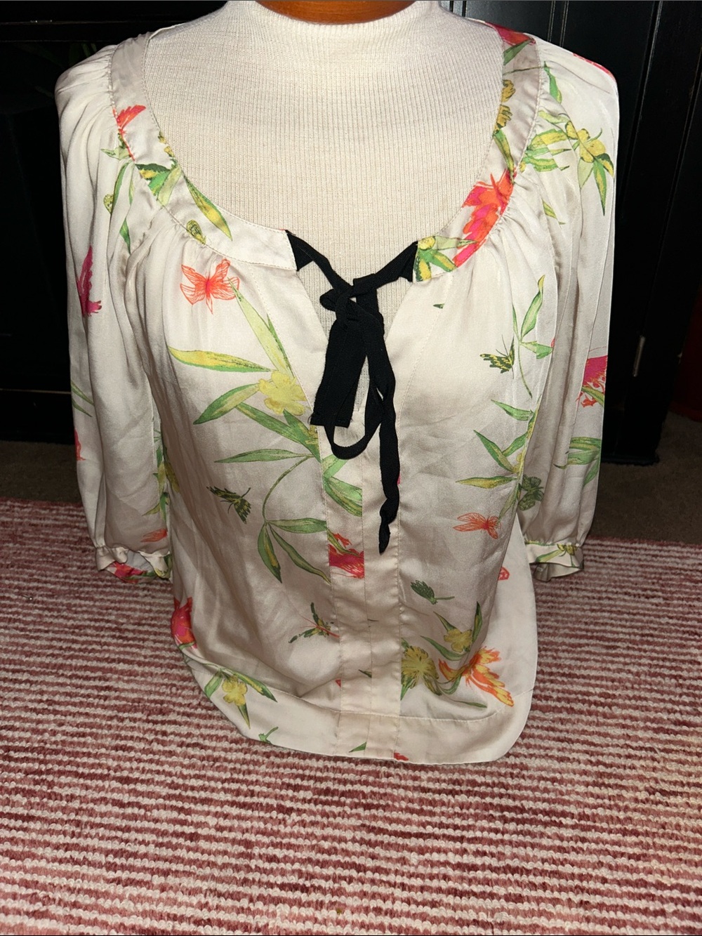 H&M Cream Floral Tie-Neck Blouse with Black Ribbon